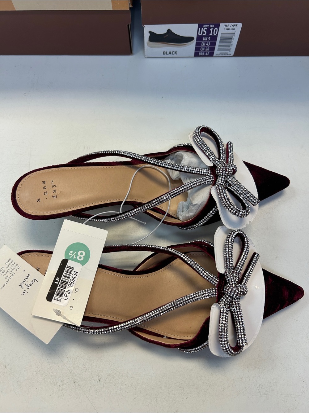 a new day Burgundy Velvet Pointed Mules with Jewel Bow 20503